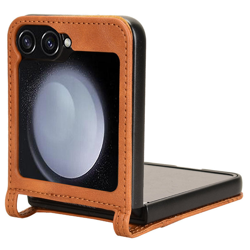For Samsung Galaxy Z Flip6 5G Cover Retro Texture One-Piece Design PU Leather+PC Phone Case Shell with Card Slot - Brown For Samsung Galaxy Z Flip6 5G Cover Retro Texture One-Piece Design PU Leather+PC Phone Case Shell with Card Slot - Brown